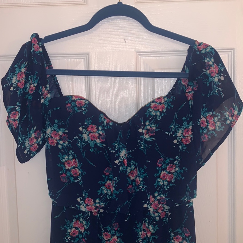 Navy blue floral off the shoulder dress
